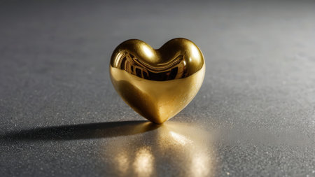Golden heart on a gray background with reflection. Valentine's day concept.の素材