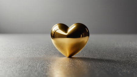 Golden heart on a reflective surface. 3d render. Love conceptの素材