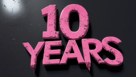 10 years word in pink paint on black background. 10th birthday conceptの素材