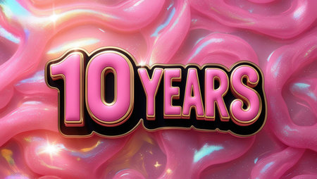 10 Years Text in Pink Liquid with Gold Effect 3D Illustrationの素材