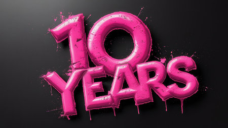 10 years pink foil balloon on a black background. 10th anniversary. 3D Renderingの素材