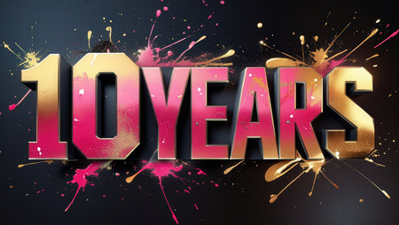 10 Years Anniversary Celebration Gold Text on Black Background. Vector Illustrationの素材