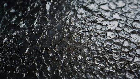 Close-up of water droplets on a black metal surface.の素材