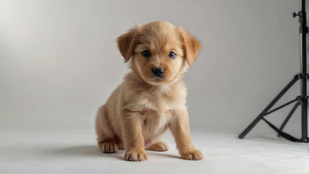 Cute Golden Retriever puppy sitting on a white background.の素材