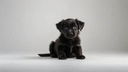 Studio shot of an adorable mixed breed puppy sitting on gray background.の素材