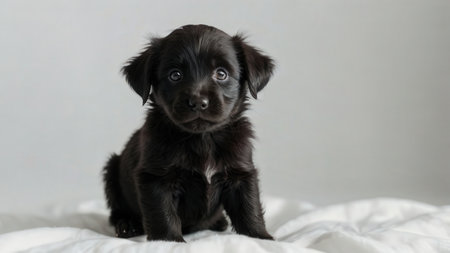 Cute black puppy on a white background. Shallow depth of field.の素材