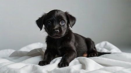 Cute black puppy on a white background. Selective focus.の素材