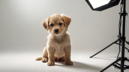 Cute Golden Retriever puppy sitting in front of a studio lightの素材