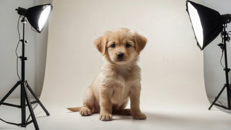 Cute Golden Retriever puppy on a white background. Studio photo.の素材