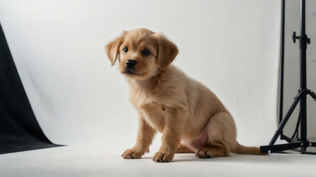 Studio portrait of a golden retriever puppy sitting on a white backgroundの素材