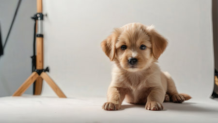 Cute golden retriever puppy on white background with soft focus.の素材