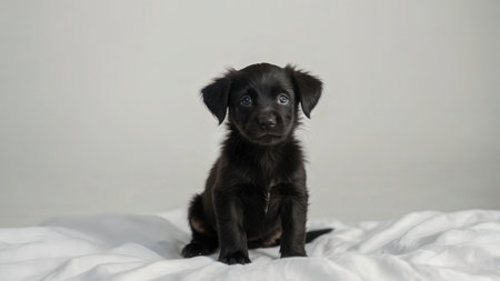 Funny puppy on a white background. Portrait of a black puppyの素材