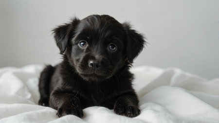 Cute black puppy on a white background. Selective focus.の素材