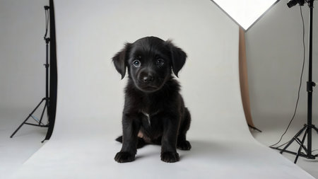 Black puppy on a white background. Studio photo. Light background.の素材