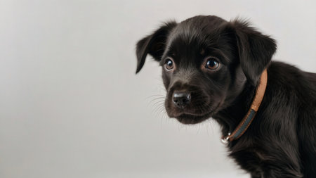 Portrait of a black puppy on a white background. Close-up.の素材