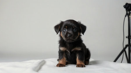 Studio portrait of a cute purebred puppy on a white background.の素材