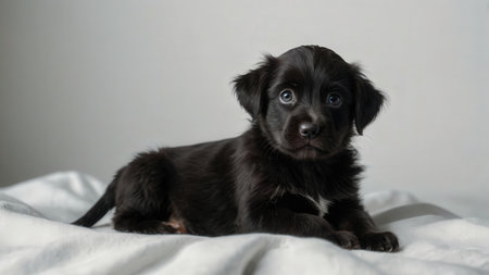Cute black puppy on a white background. Selective focus.の素材