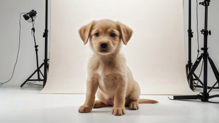 Studio photo of a cute Golden Retriever puppy on white backgroundの素材