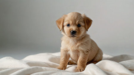 Cute Golden Retriever puppy sitting on a white blanket.の素材