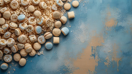 Banner of sweet cornflakes with marshmallows on blue backgroundの素材