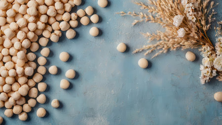 Flat lay of macadamia nuts on a blue background.の素材