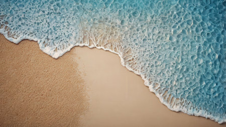 Tropical beach with sand and wave. Top view. Copy spaceの素材