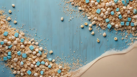 Blue and white marshmallows scattered on a blue wooden background.の素材