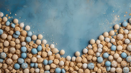 Creative layout made of blue and white candies on blue backgroundの素材