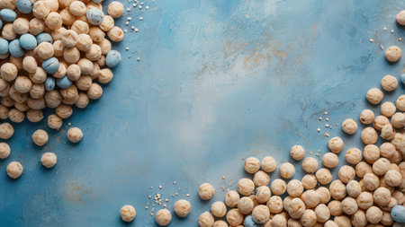 Raw chickpeas on blue background, top view. Space for textの素材