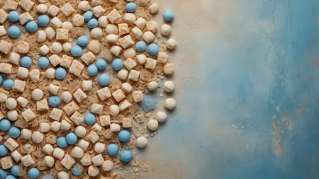 Cereal with blue and white candies on blue background.の素材