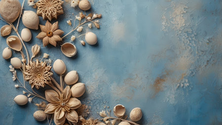 Easter eggs and flowers on blue background. Top view, copy spaceの素材