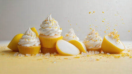 Cupcakes with whipped cream on a yellow background. Close-up.の素材