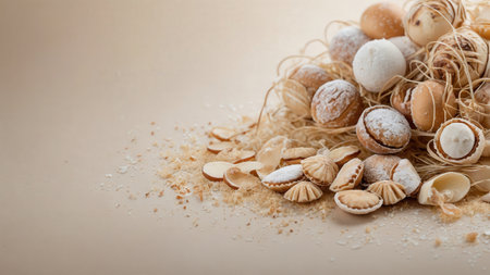 Assorted nuts on a beige background. Selective focus.の素材