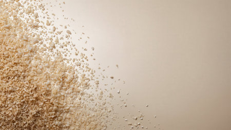 Rice grains scattered on a white background with space for text.の素材