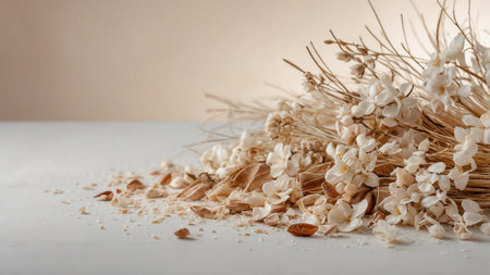 Close up of dried flowers on white wooden table with copy space.の素材