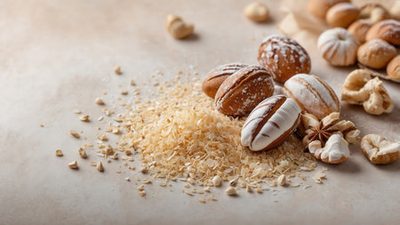 Composition with different nuts and oatmeal on light background, closeupの素材