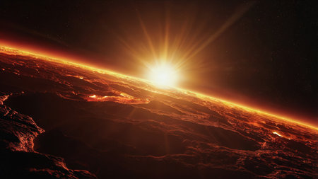 View of the planet Earth from space during a sunrise 3D renderingの素材