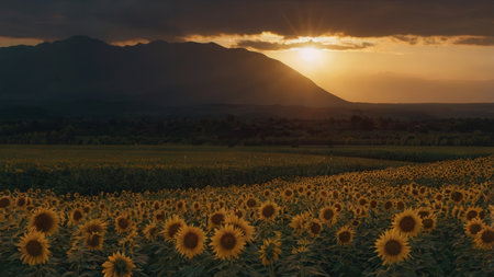 Sunflower field with mountain in the background at sunset, Lopburi, Thailandの素材