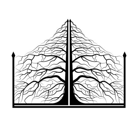 Black metal gate with forged ornaments on a white background. Vector illustrationのイラスト素材