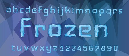 Ice blue font with word Frozen. All letters and numbers. Vector illustrationのイラスト素材