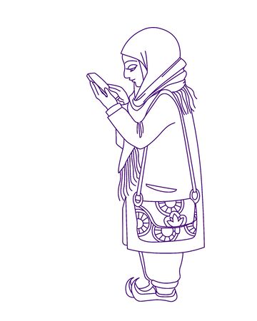 young eastern cute muslim girl in hijab with bag & smartphoneのイラスト素材