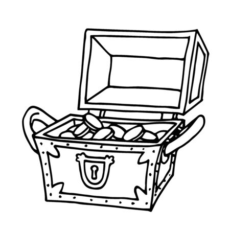 opened wooden treasure chest with golden coins, pirate trove, symbol of fortune and wealth, vector illustration with black contour lines isolated on a white background in a Doodle and hand drawn styleのイラスト素材