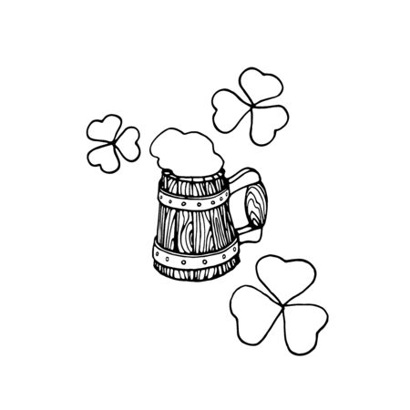 old wooden festive mug of ale or beer with foam and shamrock, symbol of St. Patrick's Dayのイラスト素材