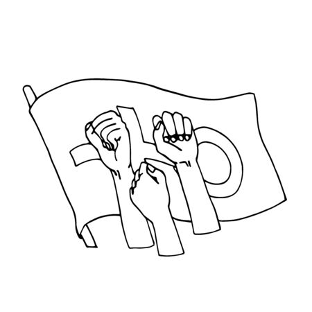 group of female fists with banner gender sign symbol of protest and struggle for rights vector illustration with black contour lines isolated on white background in hand drawn and Doodle styleのイラスト素材