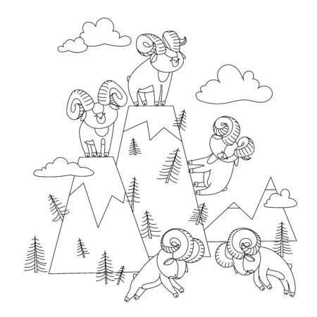 mountain landscape with set of young cute horned argali males who staged a tournament, vector illustration with black contour lines isolated on a white background in Scandinavian and hand drawn styleのイラスト素材
