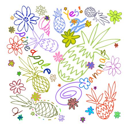 set of colorful pineapples, simple doodles, flowers as pattern, vector illustration with contour lines isolated on white background in hand drawn styleのイラスト素材