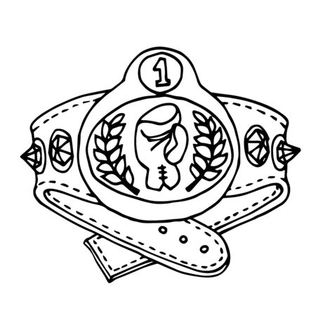 champion Boxing belt with gemstones, glove & Laurel, award for winning a fight, vector illustration with black contour lines isolated on a white background in the style of Doodle and hand drawnのイラスト素材