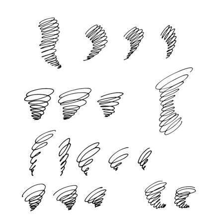 a set of simple spiral vortices or tornadoes as an element of a pattern or emblem, , vector illustration in black contour lines, isolated on a white backgroundのイラスト素材