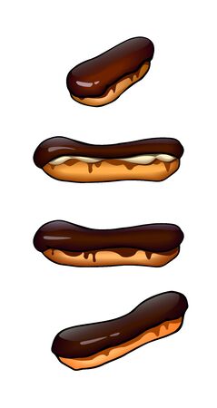 set of sweet eclairs with chocolate icing and cream, for pastry menu decoration, color vector stock illustration isolated on white background in clip art styleのイラスト素材