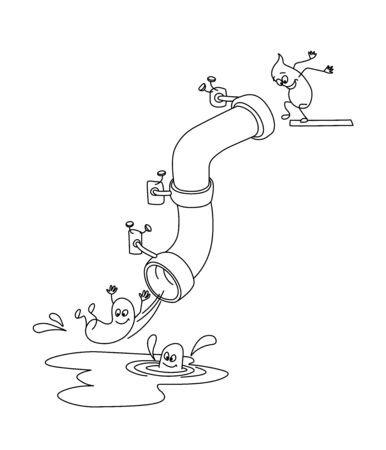 cute poops having fun and sliding down a sewer pipe, water slide conception, funny caricature, vector illustration with black contour lines isolated on white backgroundのイラスト素材